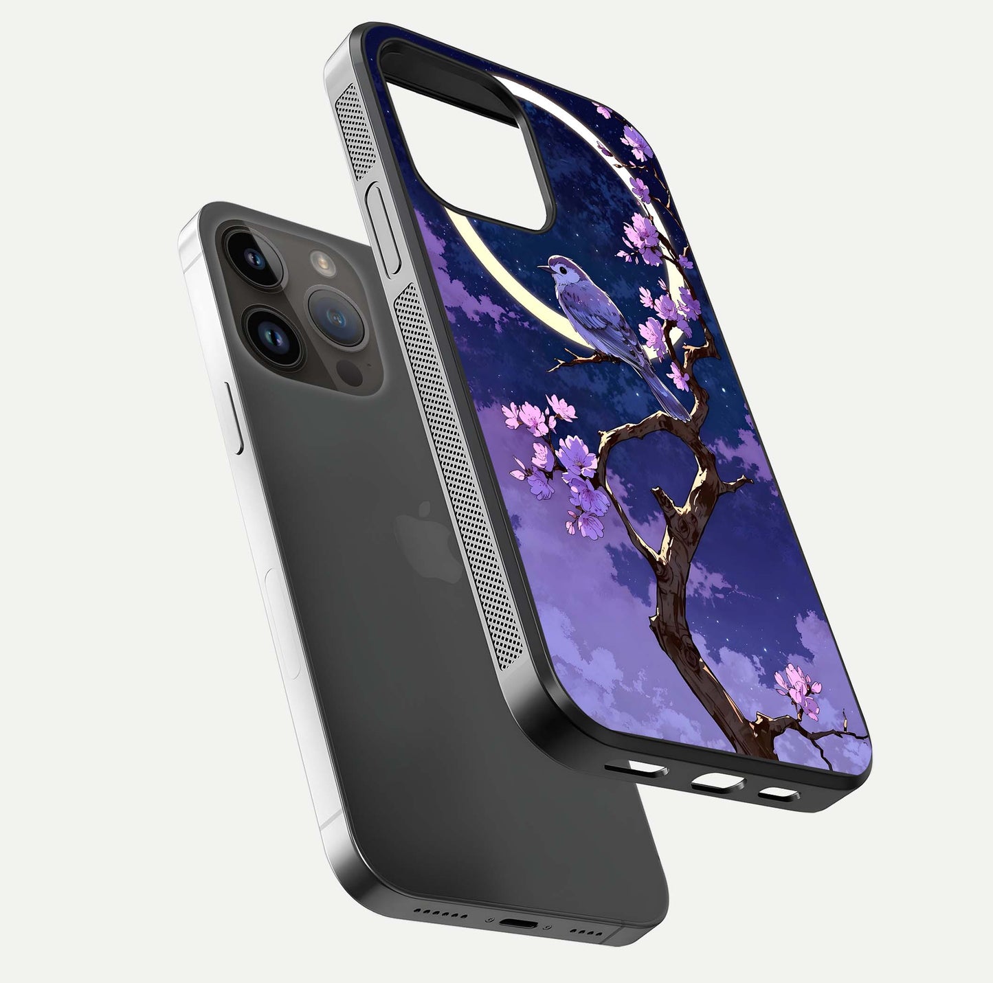 Celestial Bird Blossom Glass Case for iPhone 14 Pro Max floating mockup showing cosmic floral tones and HD gloss