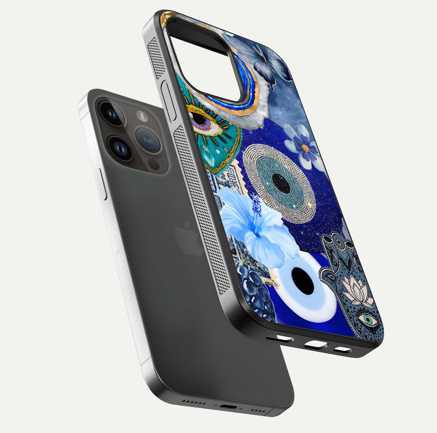Celestial Blue Vision Glass Case for iPhone 14 Pro Max floating mockup showing gloss depth and night-sky pattern