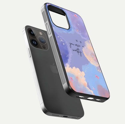 Celestial Cloud Magic Glass Case for iPhone 14 Pro Max floating mockup displaying cloud aura and HD finish