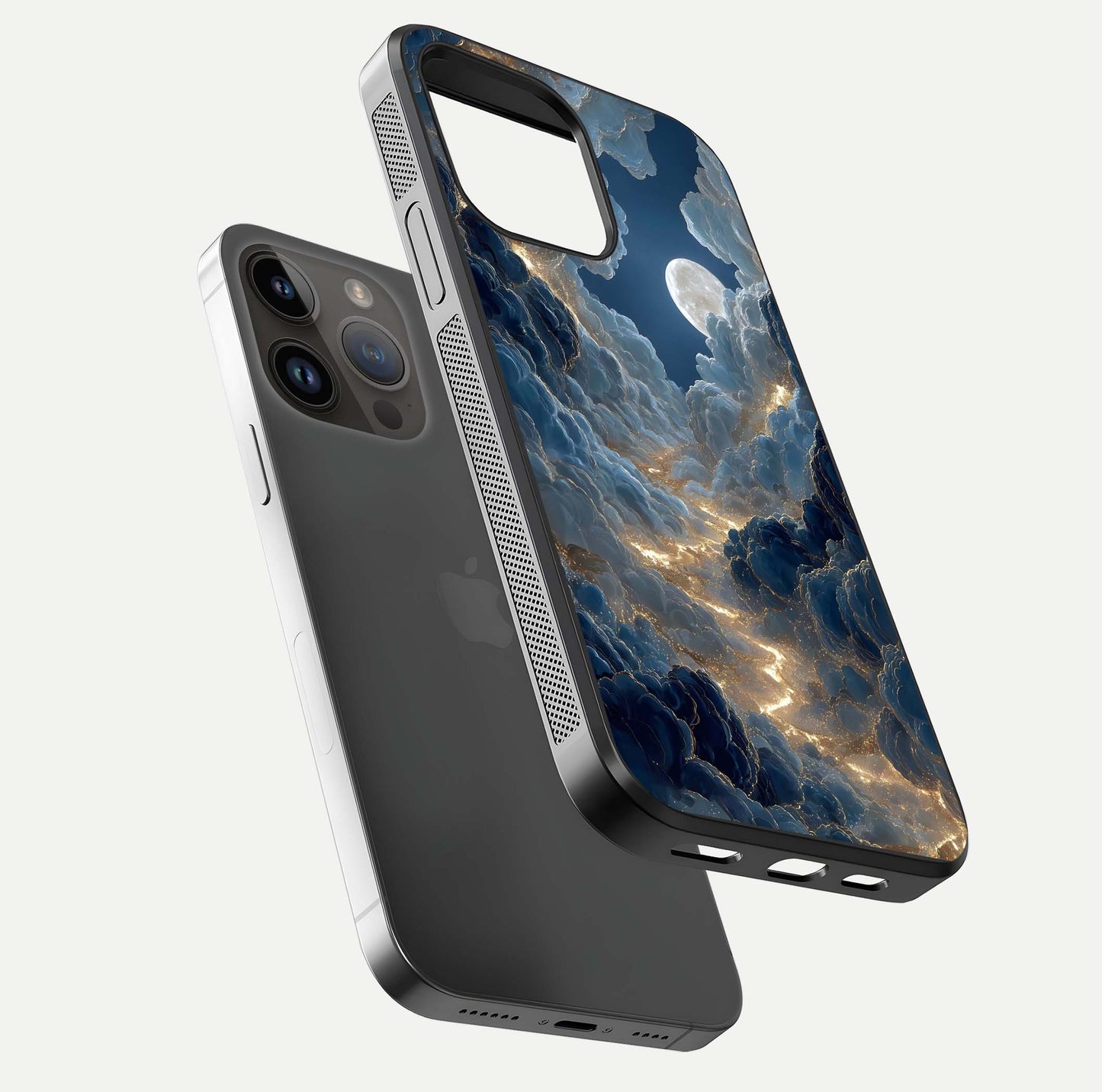 Celestial Cloud Road Glass Case for iPhone 14 Pro Max floating mockup capturing glowing horizon and HD gloss