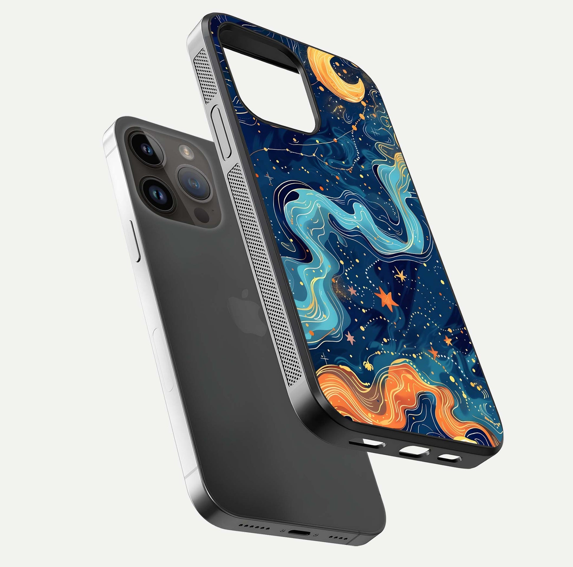 Celestial Dream Flow Glass Case for iPhone 14 Pro Max floating mockup displaying gloss shimmer and artistic composition