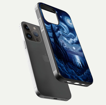 Celestial Dream Van Gogh Glass Case for iPhone 14 Pro Max floating mockup highlighting cosmic tones and smooth gloss