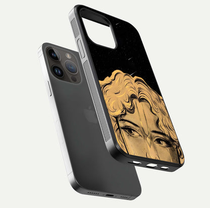 Celestial God’s Plan Glass Case for iPhone 14 Pro Max floating dual-view mockup displaying gloss surface and vivid print
