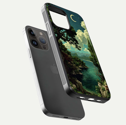 Celestial Lake Peace Glass Case for iPhone 14 Pro Max floating mockup capturing calm tones and smooth polish