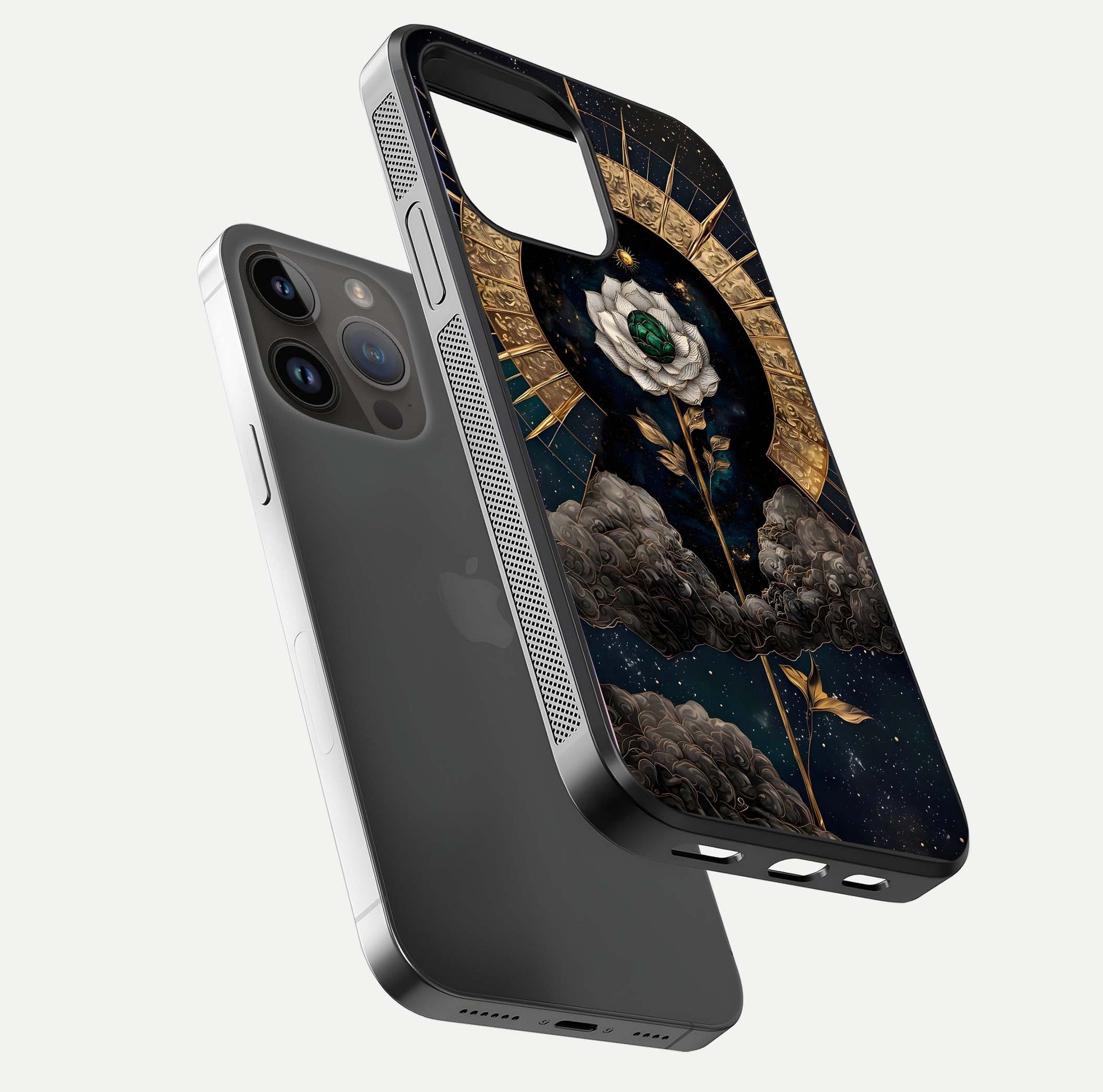 Celestial Lotus Morang Glass Case for iPhone 14 Pro Max floating mockup showing gloss depth and cosmic lotus glow