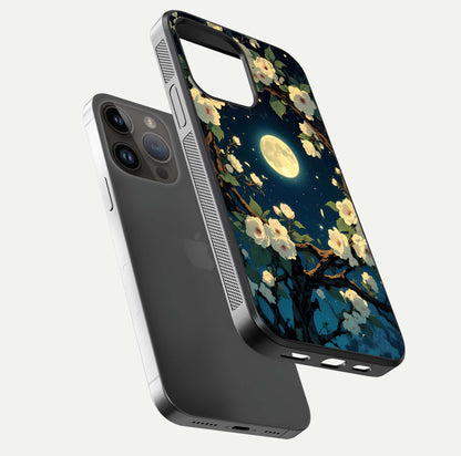 Celestial Moon & Flower Glass Case for iPhone 14 Pro Max floating mockup emphasizing HD shine and delicate texture