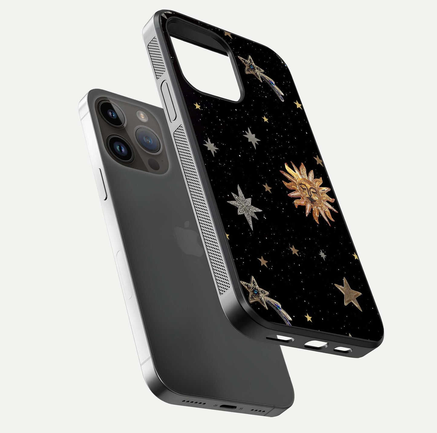 Celestial Moon With Stars Glass Case for iPhone 14 Pro Max floating mockup emphasizing star depth and gloss clarity