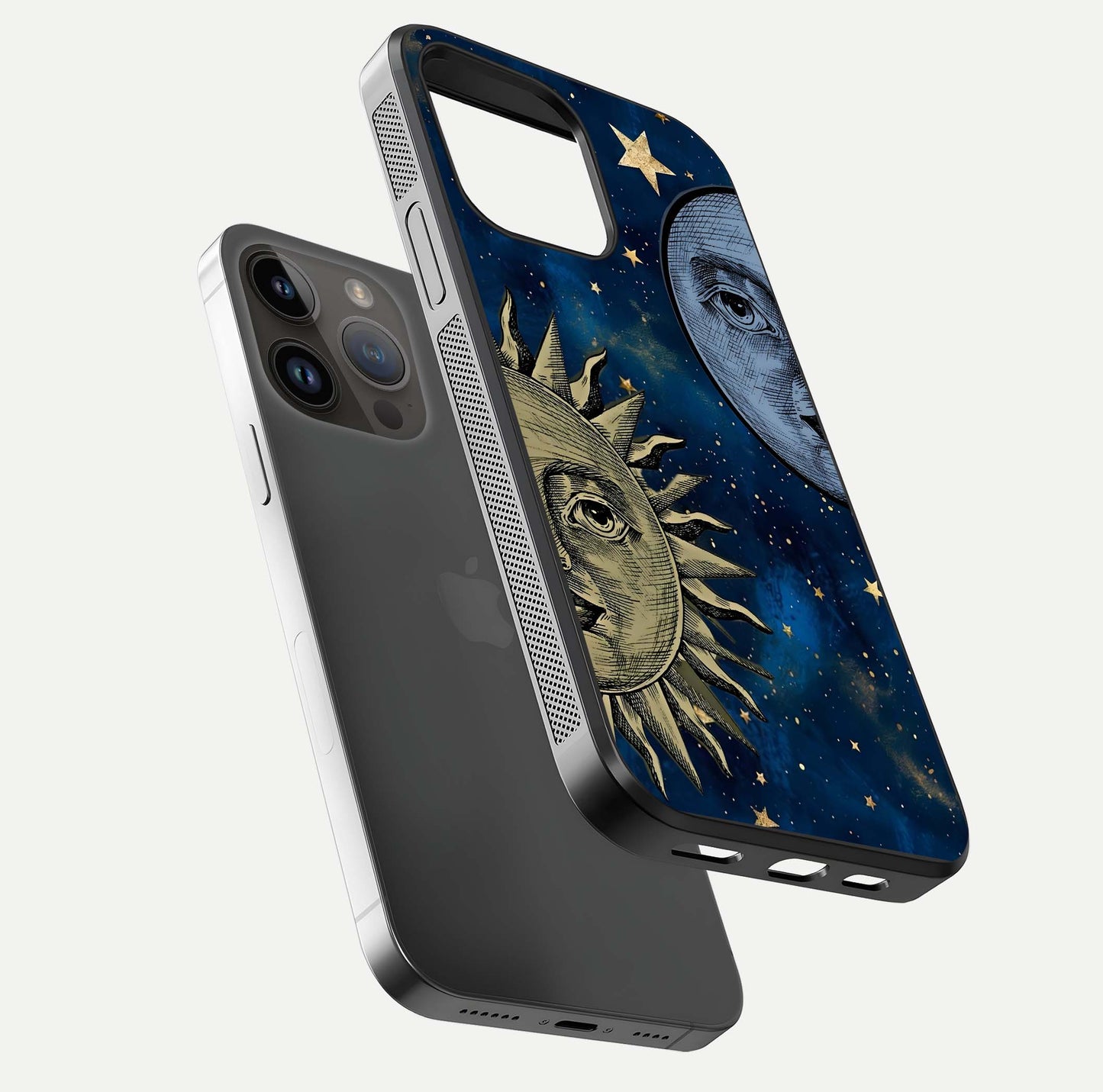 Celestial Moon With Sun Glass Case for iPhone 14 Pro Max floating mockup displaying vibrant contrast and HD gloss