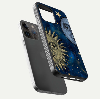 Celestial Moon With Sun Glass Case for iPhone 14 Pro Max floating mockup displaying vibrant contrast and HD gloss
