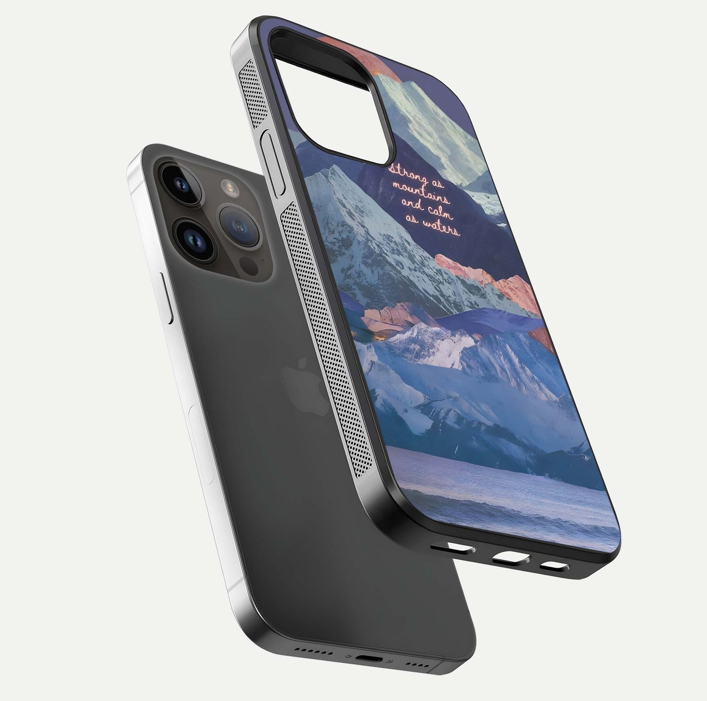 Celestial Mountain Calm Glass Case for iPhone 14 Pro Max floating mockup showing glow depth and polished edges