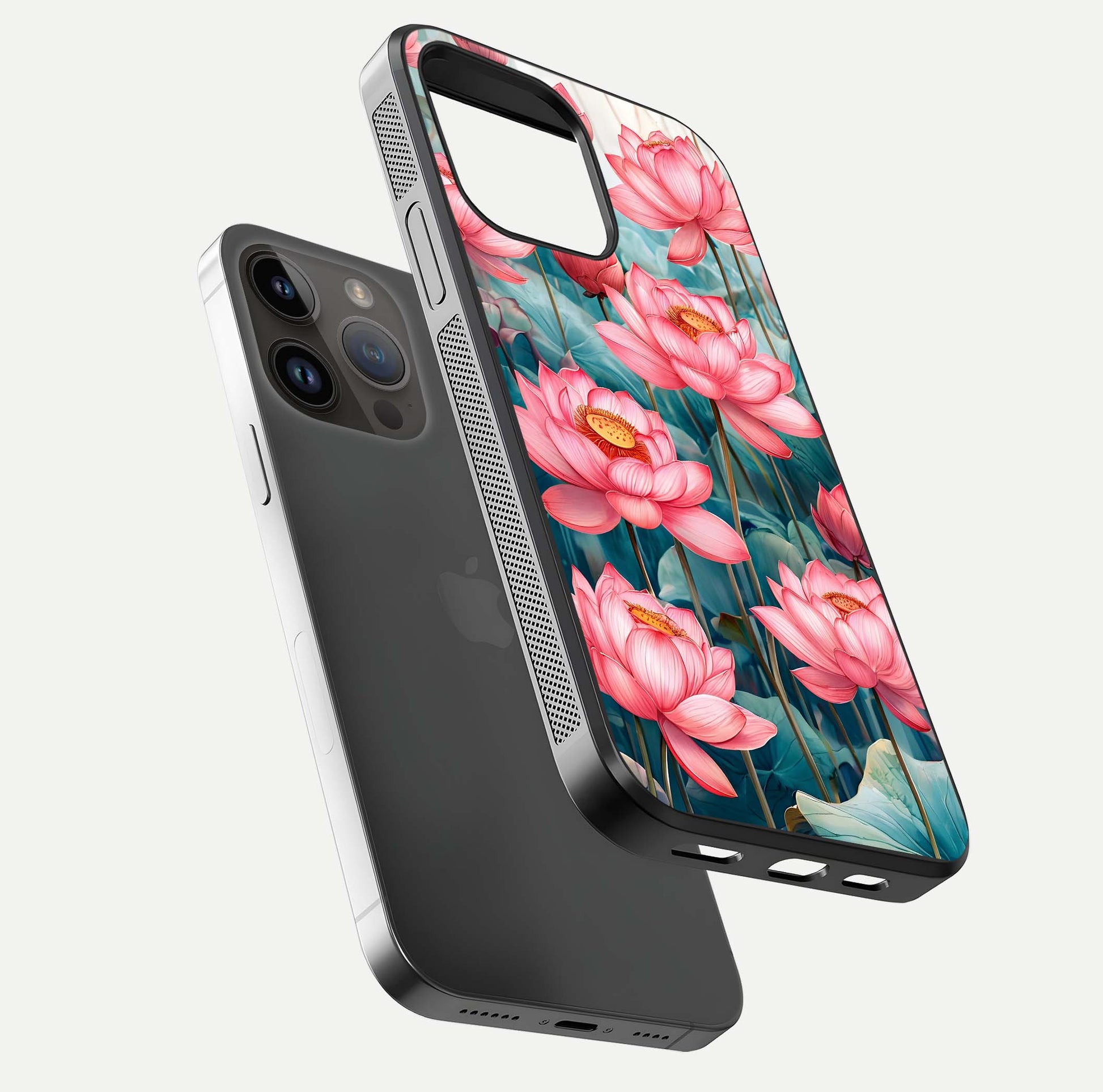 Celestial Pink Lotus Glass Case for iPhone 14 Pro Max floating mockup displaying cosmic tone and gloss surface