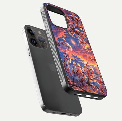 Celestial Sakura Sunset Glass Case for iPhone 14 Pro Max floating mockup capturing sunset hue and smooth gloss