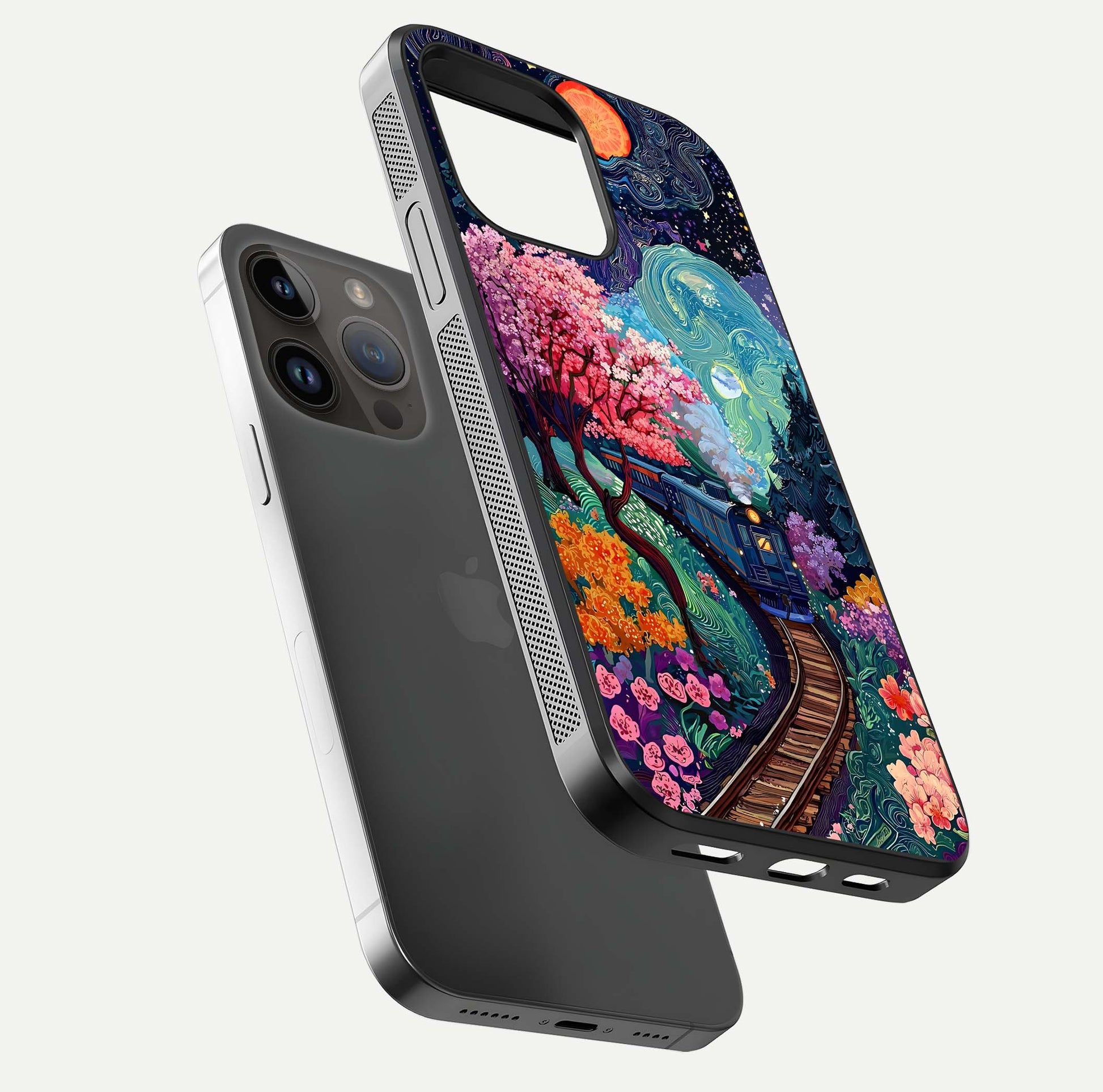 Celestial Train Journey Glass Case for iPhone 14 Pro Max floating mockup capturing gloss reflection and deep night hues