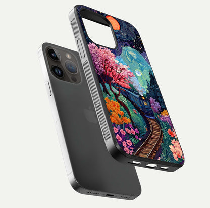 Celestial Train Journey Glass Case for iPhone 14 Pro Max floating mockup capturing gloss reflection and deep night hues
