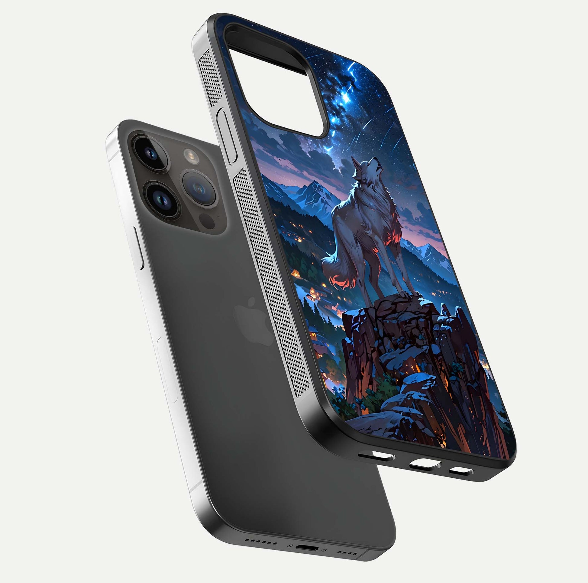 Celestial Wolf Howl Glass Case for iPhone 14 Pro Max floating mockup capturing reflection depth and silver gloss