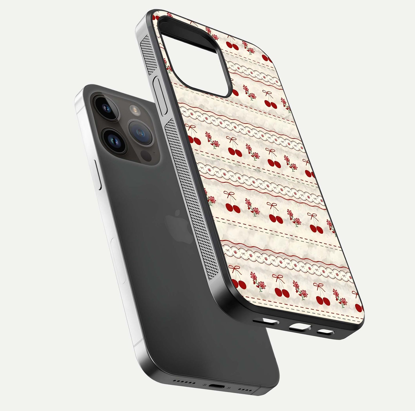 Cherry Bloom Charm Glass Case for iPhone 14 Pro Max floating mockup showing bloom texture and polished gloss
