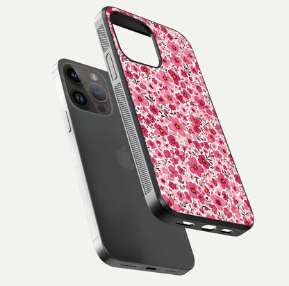 Cherry Blossom Charm Glass Case for iPhone 14 Pro Max floating mockup displaying pink tone flow and polished edges