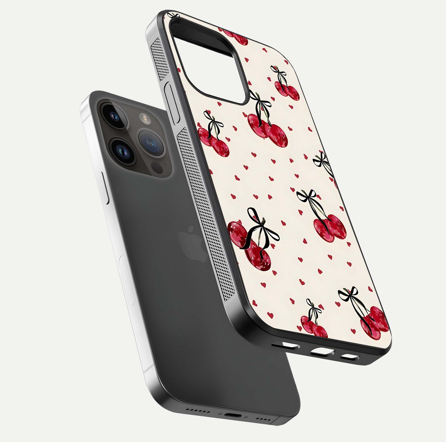 Cherry Heart Bow Glass Case for iPhone 14 Pro Max floating mockup showing reflection and HD print detail