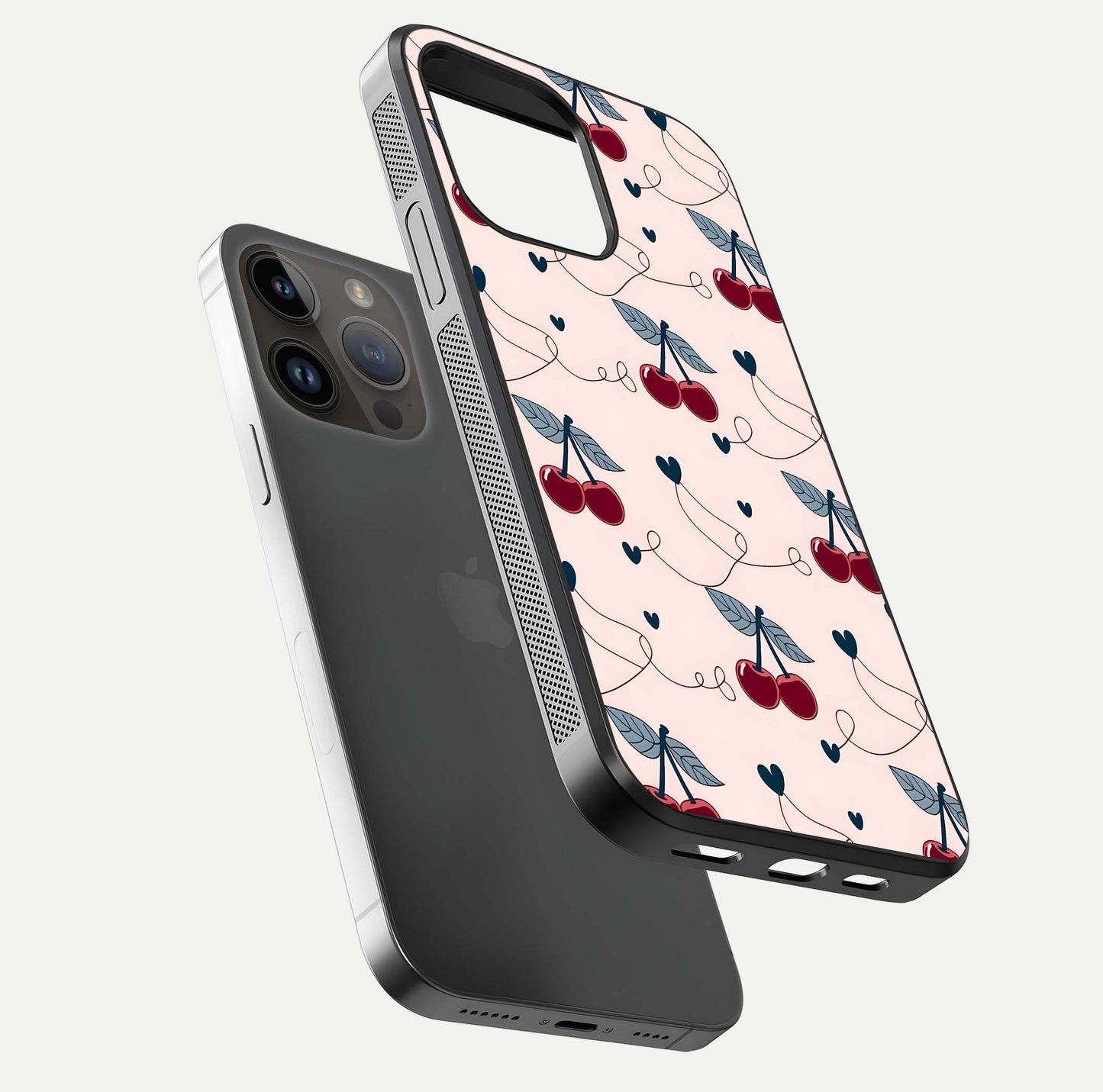 Cherry Heart Line Glass Case for iPhone 14 Pro Max floating mockup showing gloss polish and bright tones
