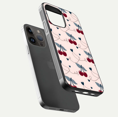 Cherry Heart Line Glass Case for iPhone 14 Pro Max floating mockup showing gloss polish and bright tones
