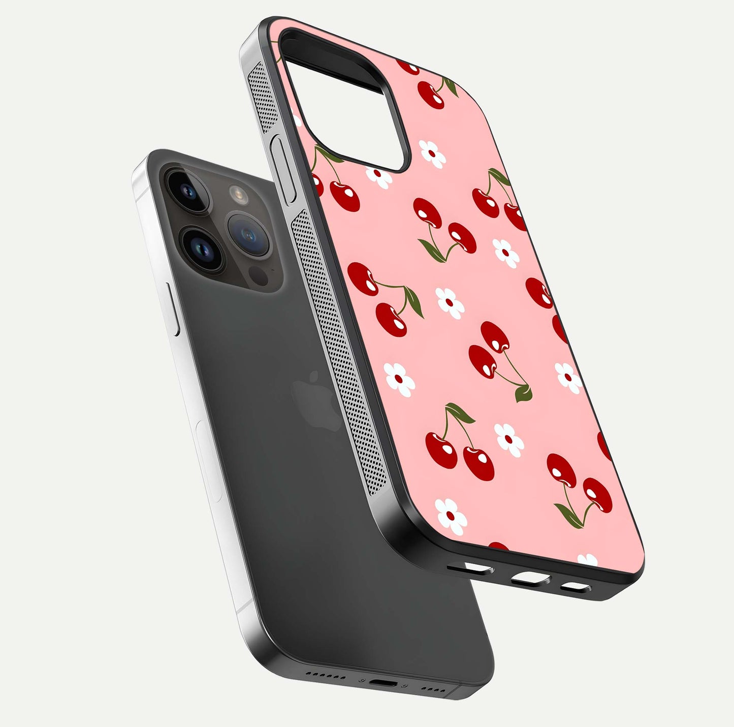Cherry Love Mood Glass Case for iPhone 14 Pro Max floating mockup showing HD gloss reflection and red tones