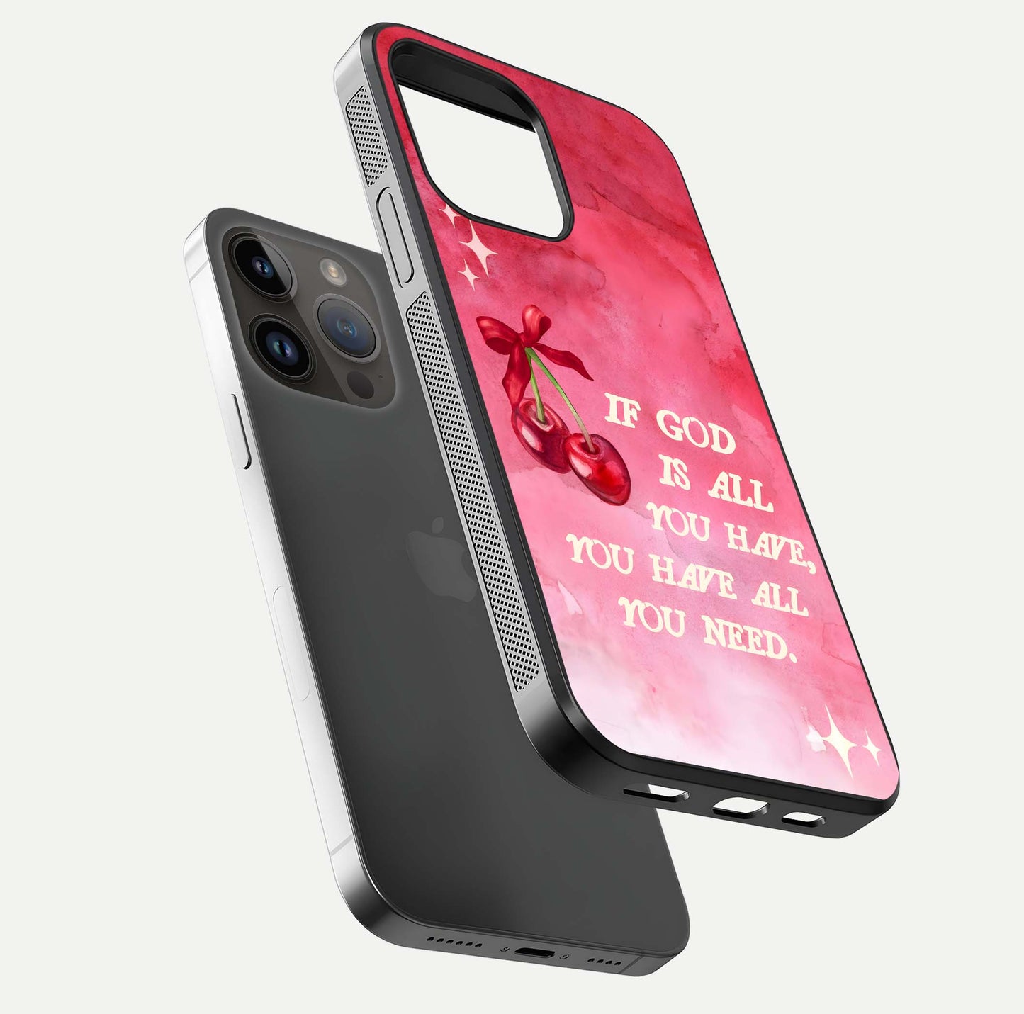Cherry Quote Glass Case for iPhone 14 Pro Max floating mockup capturing shine texture and clear typography