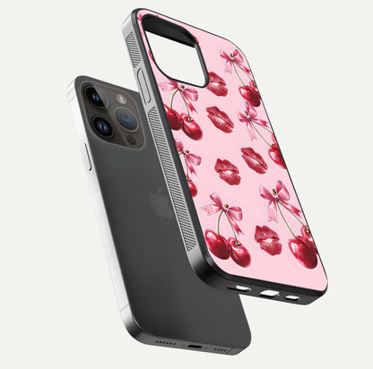 Cherry With Lips Glass Case for iPhone 14 Pro Max floating mockup showing HD gloss and pop-art inspired tones