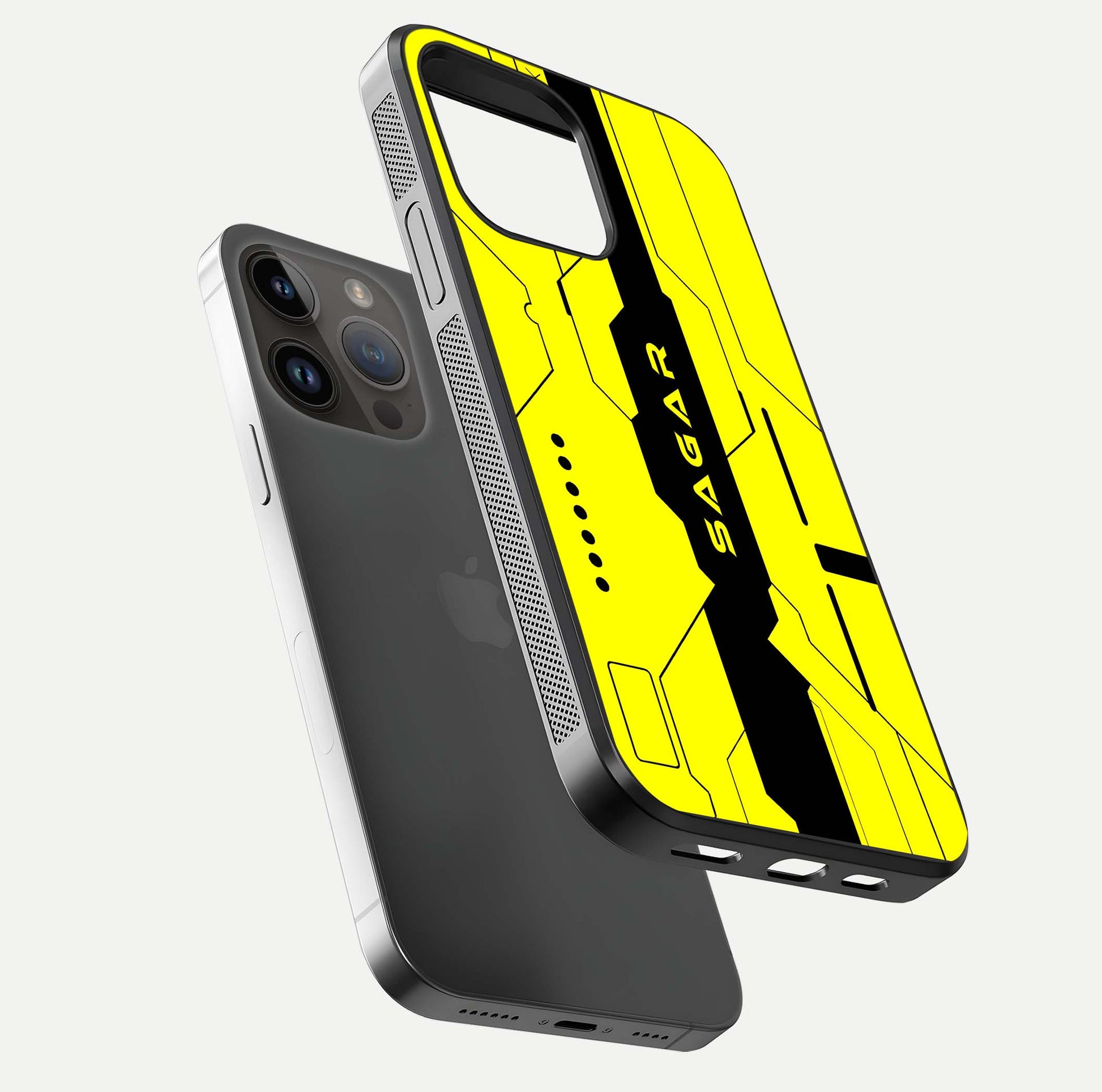 Circuit CYBERPUNK Custom Name Glass Case for iPhone 14 Pro Max floating mockup capturing glow effects and polished shine