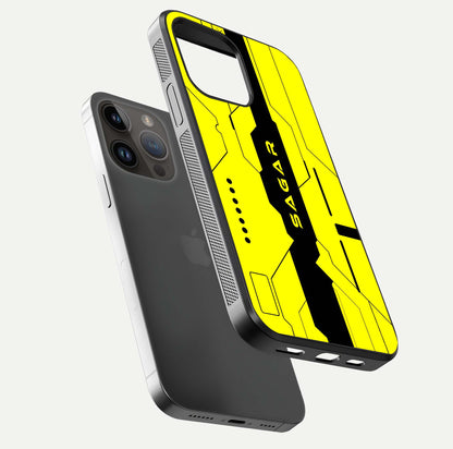 Circuit CYBERPUNK Custom Name Glass Case for iPhone 14 Pro Max floating mockup capturing glow effects and polished shine