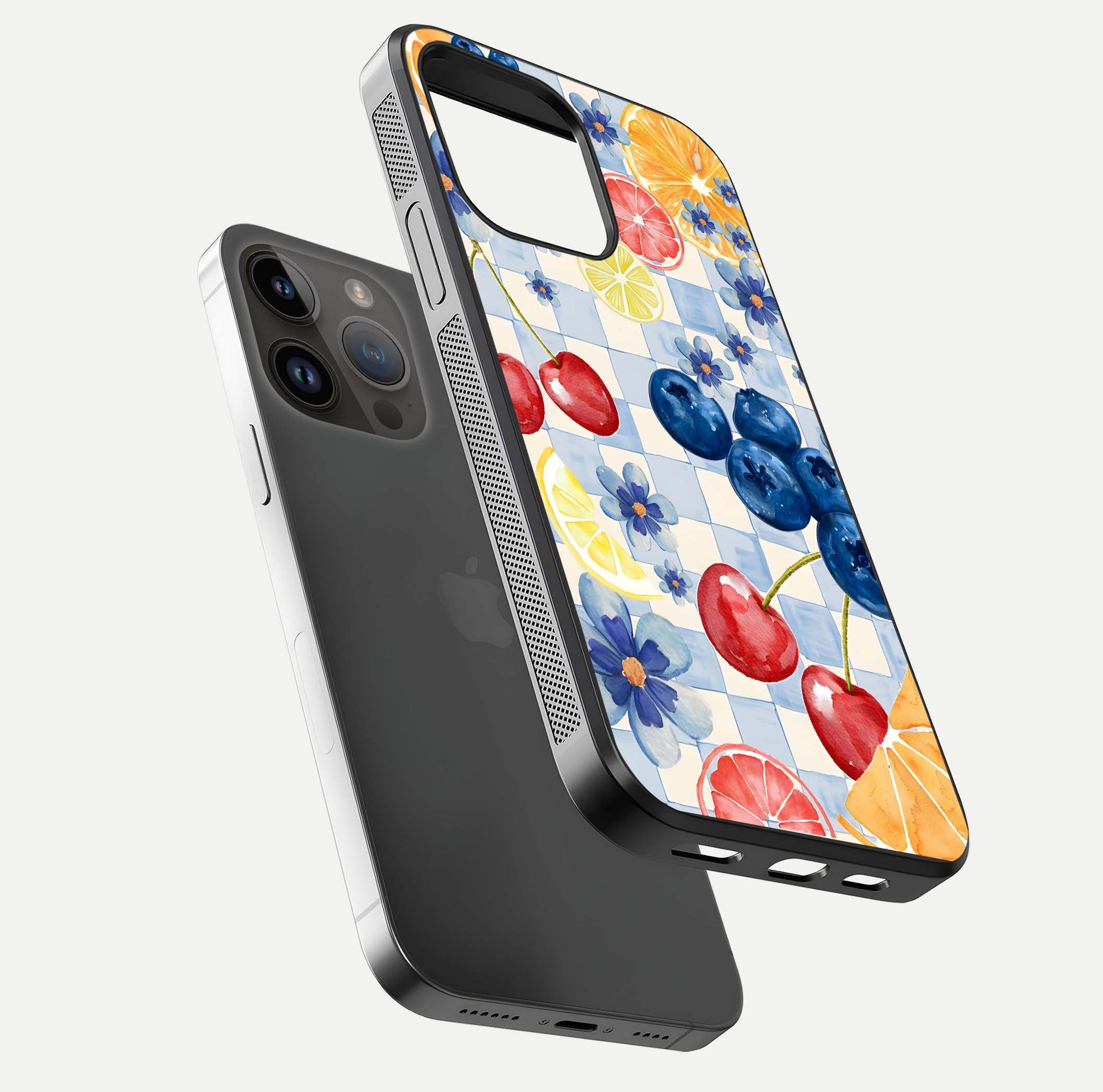 Citrus Bloom Joy Glass Case for iPhone 14 Pro Max floating mockup showing HD gloss and lively tone