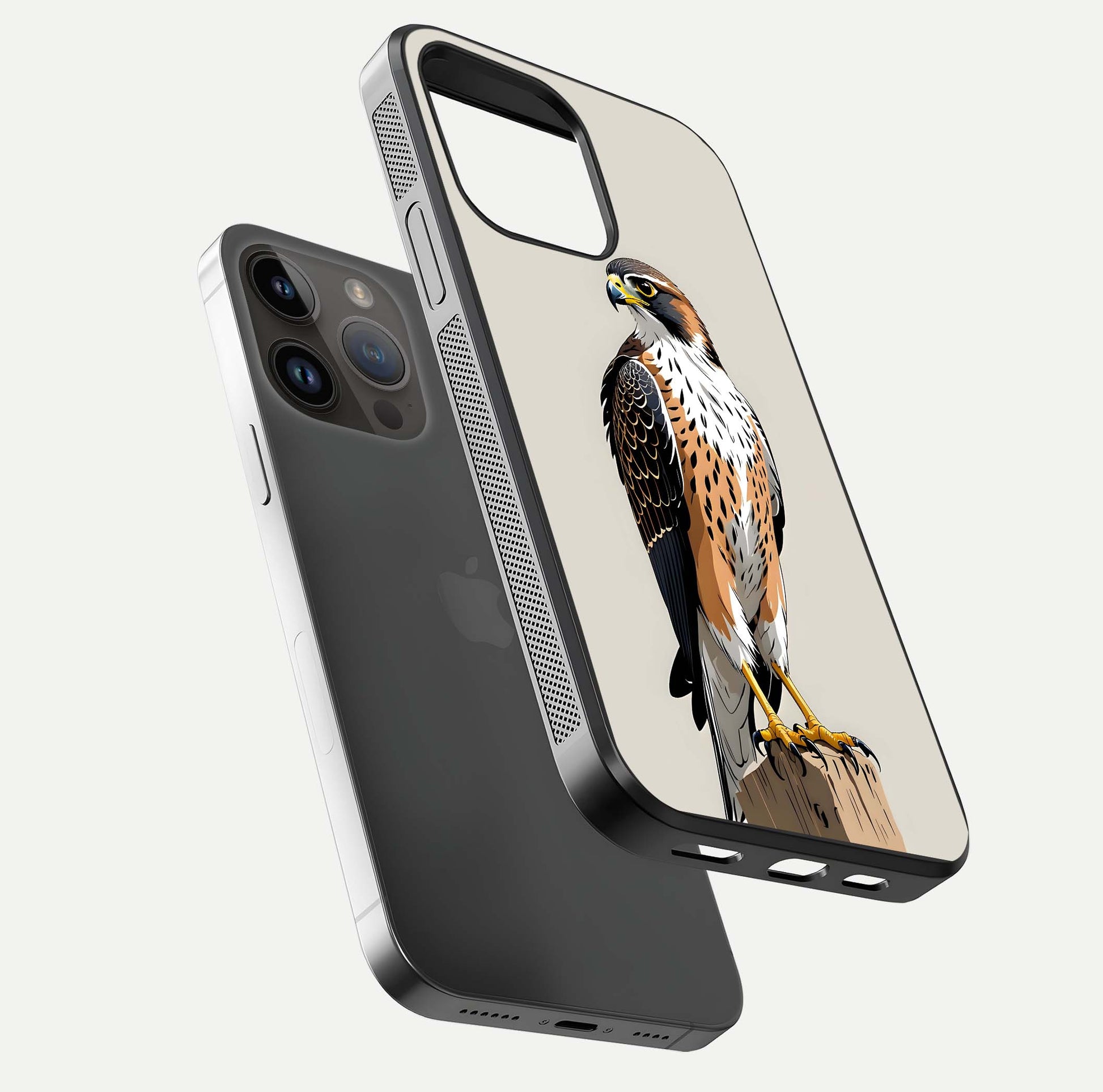Clever Eagle Glass Case for iPhone 14 Pro Max floating mockup displaying sharp gloss and art contrast