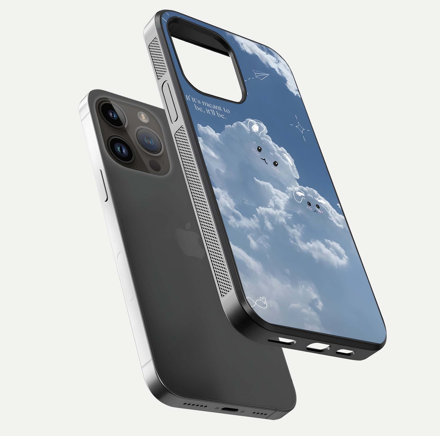 Cloud Bunny Dreams Glass Case for iPhone 14 Pro Max floating mockup showing soft gradient and gloss reflection