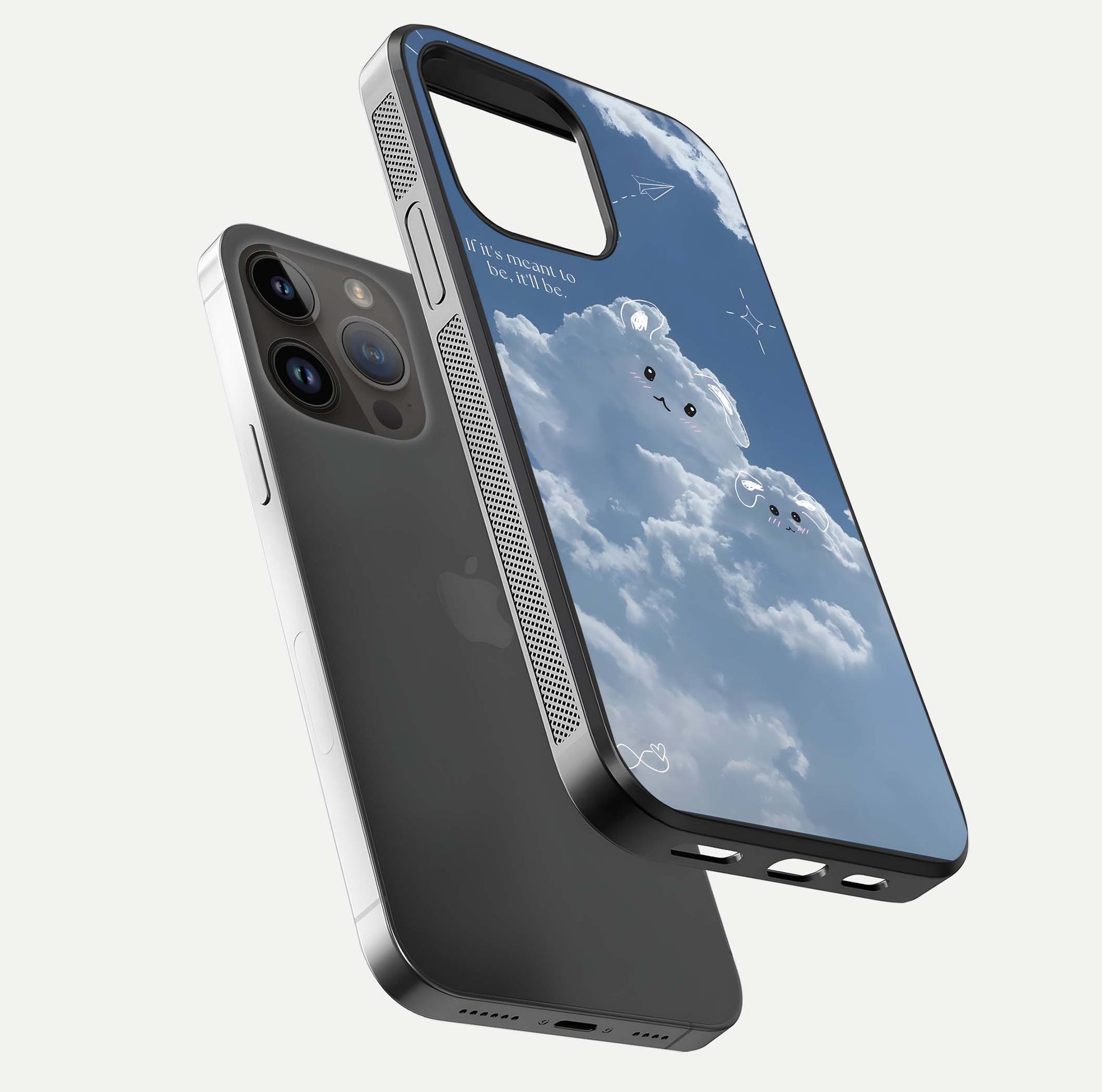 Cloud Bunny Dreams Glass Case for iPhone 14 Pro Max floating mockup showing soft gradient and gloss reflection