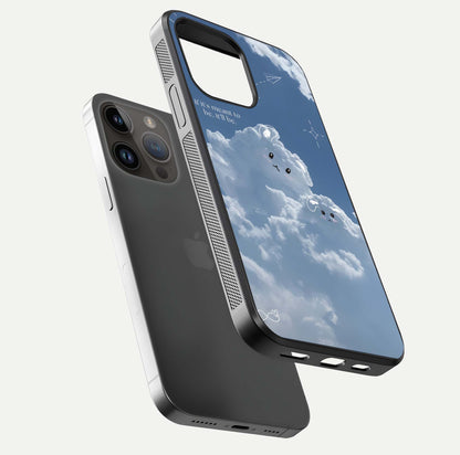 Cloud Bunny Dreams Glass Case for iPhone 14 Pro Max floating mockup showing soft gradient and gloss reflection