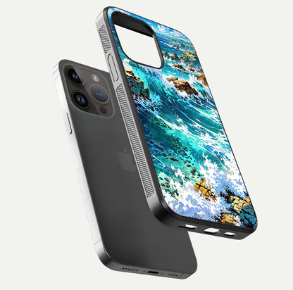 Coastal Blue Waves Glass Case for iPhone 14 Pro Max floating mockup showing HD reflection and wave details