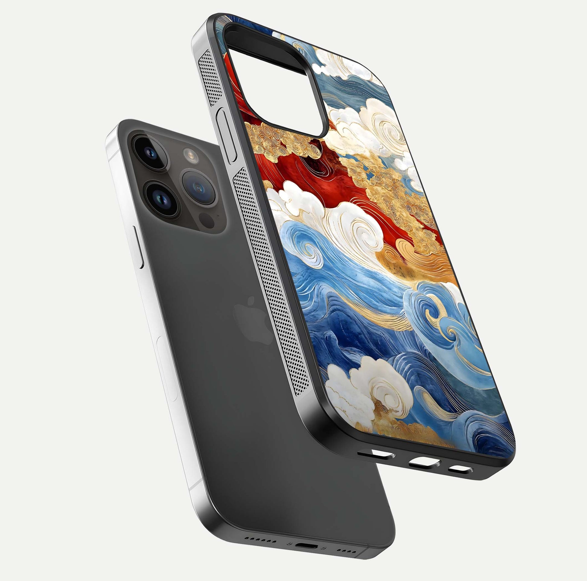 Colored Waves Glass Case for iPhone 14 Pro Max floating dual-view mockup displaying gloss finish and color contrast