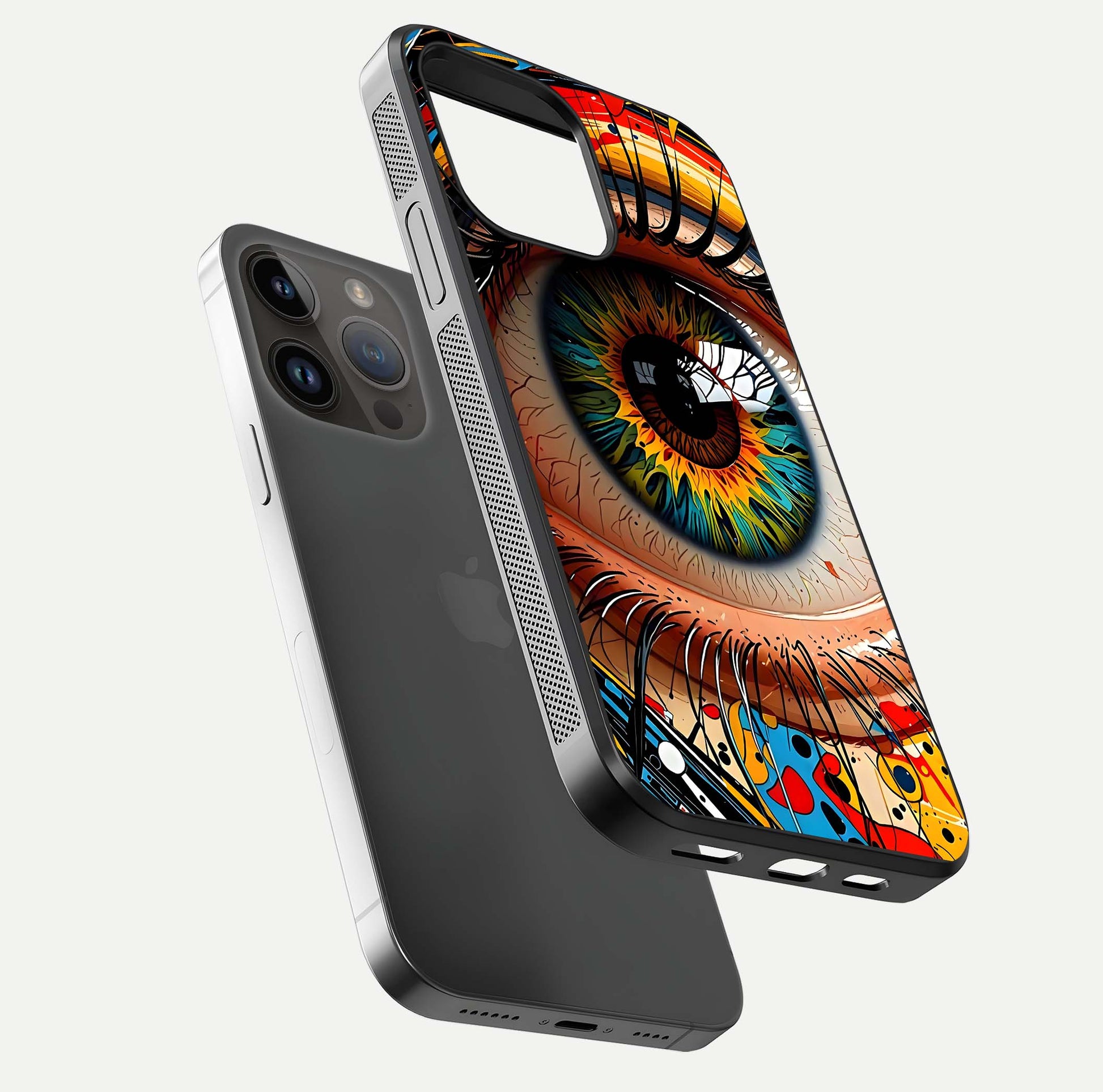 Colorful Eye Glass Case for iPhone 14 Pro Max floating mockup showing bright contrast and gloss clarity
