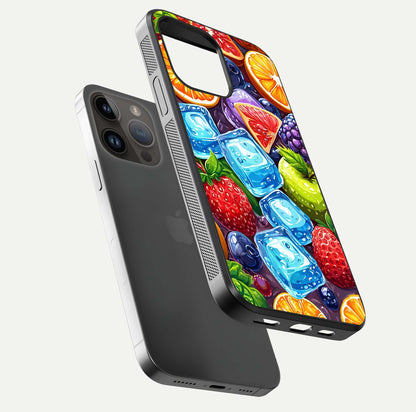 Colorful Fruits with Ice Glass Case for iPhone 14 Pro Max floating mockup showing bright shine and crystal clarity