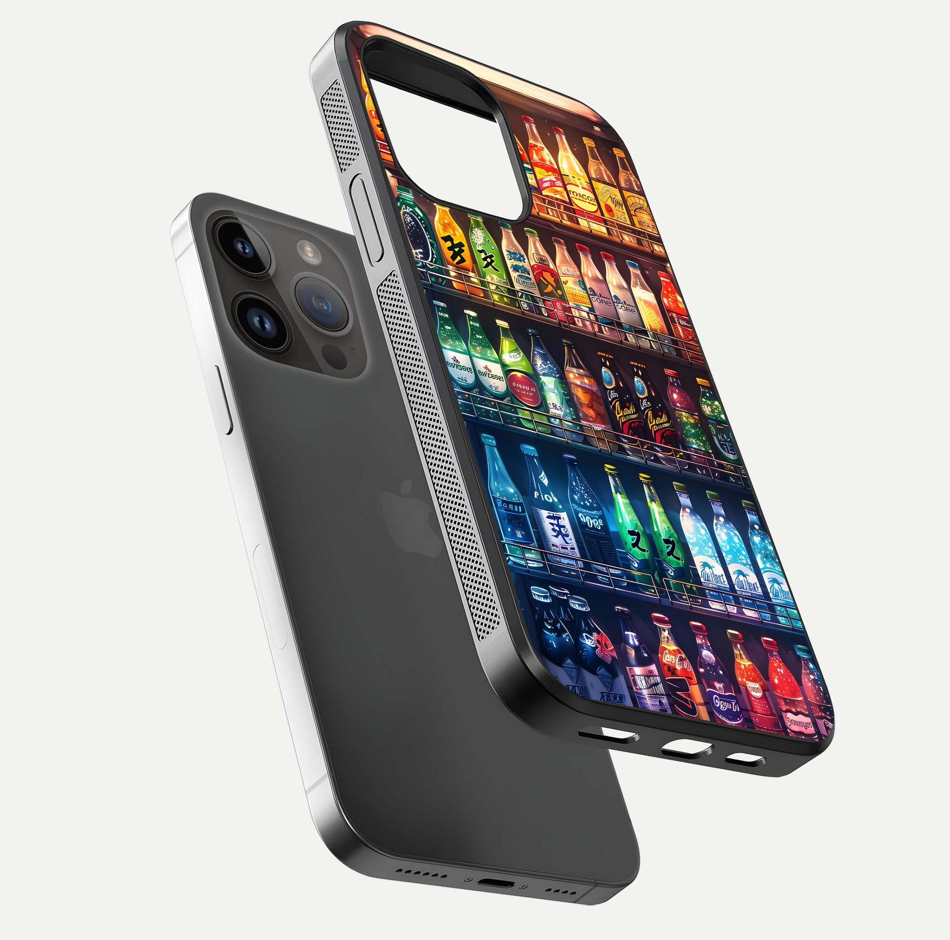 Colorful Soda Bottles Glass Case for iPhone 14 Pro Max floating mockup showing light reflection and bright gloss