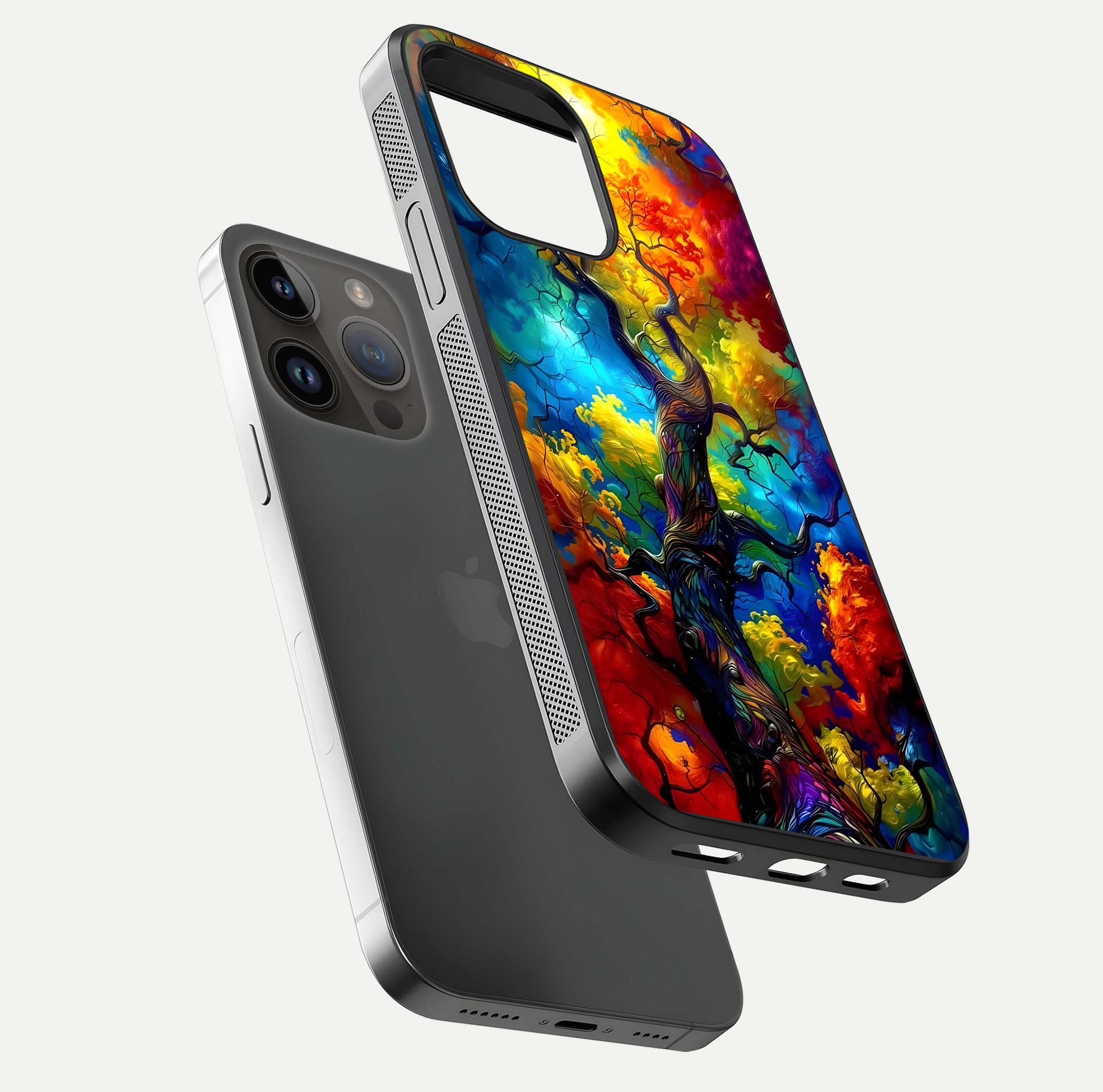 Colorful Tree Glass Case for iPhone 14 Pro Max floating mockup showing reflection gloss and vivid hues