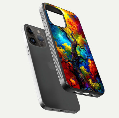 Colorful Tree Glass Case for iPhone 14 Pro Max floating mockup showing reflection gloss and vivid hues