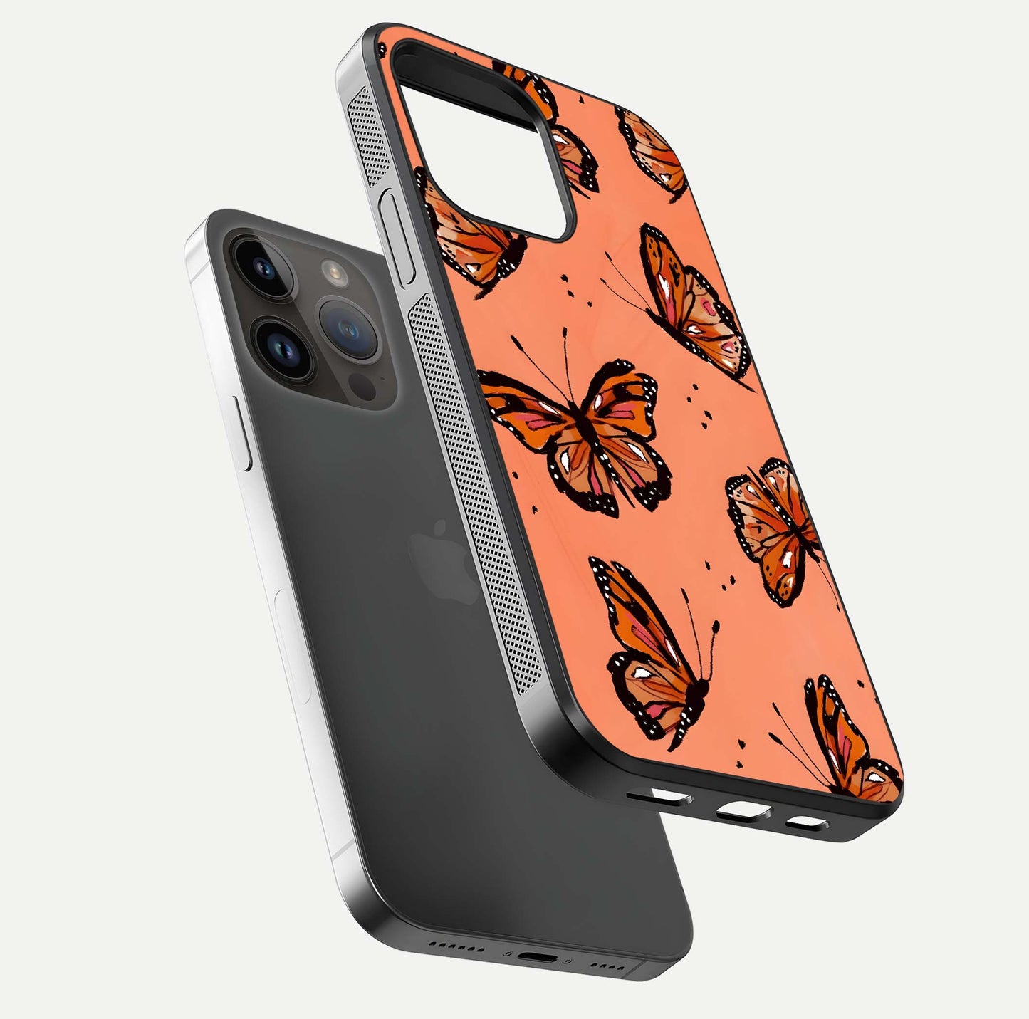 Coral Wing Butterfly Glass Case for iPhone 14 Pro Max floating mockup showing HD gloss texture and vivid coral color
