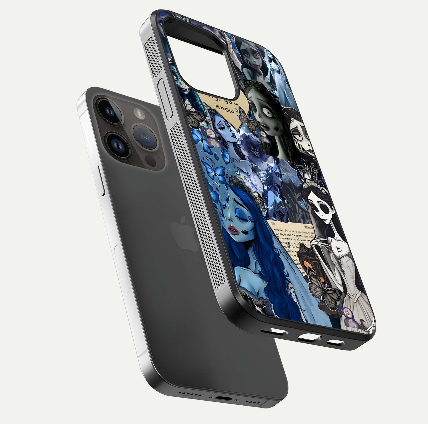 Corpse Bride Posters Glass Case for iPhone 14 Pro Max floating mockup showing shine texture and clear design
