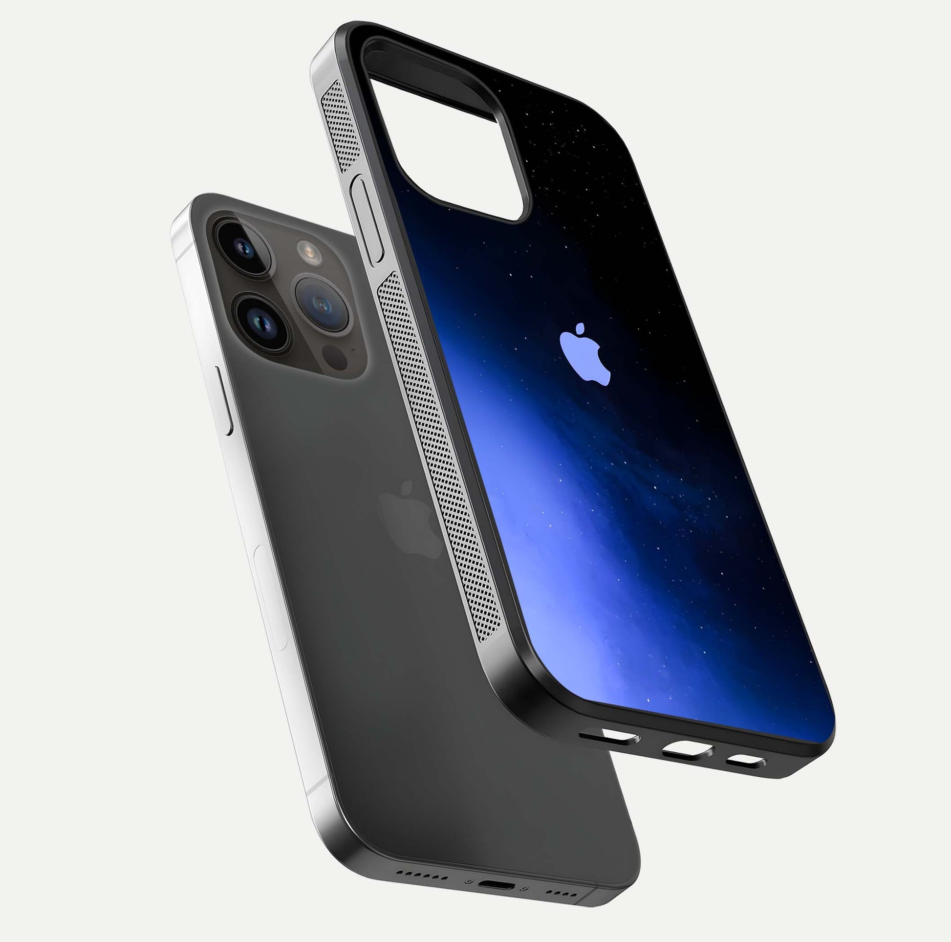 Cosmic Blue Apple Glass Case for iPhone 14 Pro Max floating mockup showing HD gloss and deep space gradient