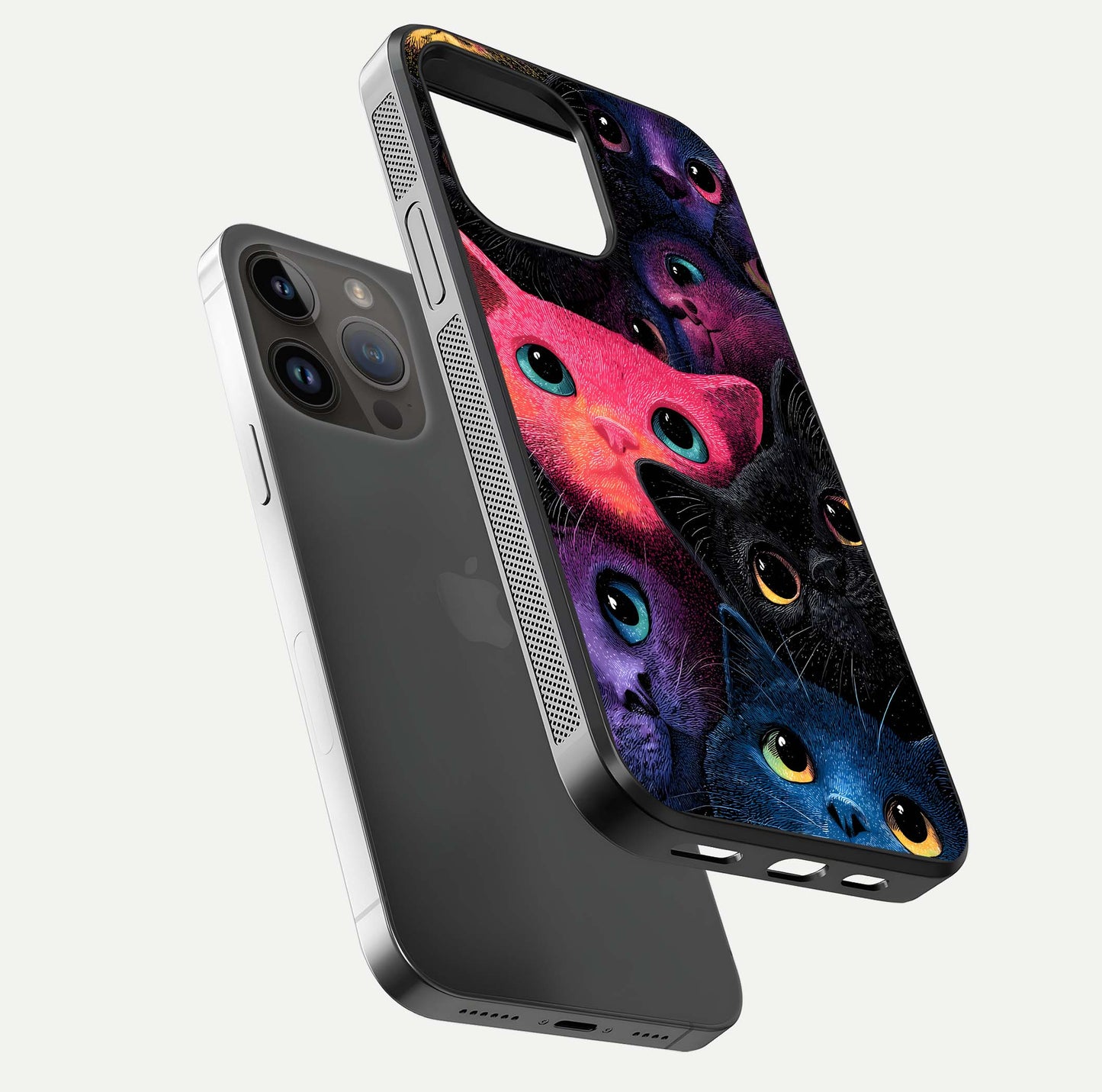 Cosmic Cats Dreams Glass Case for iPhone 14 Pro Max floating mockup showing star details and polish reflection