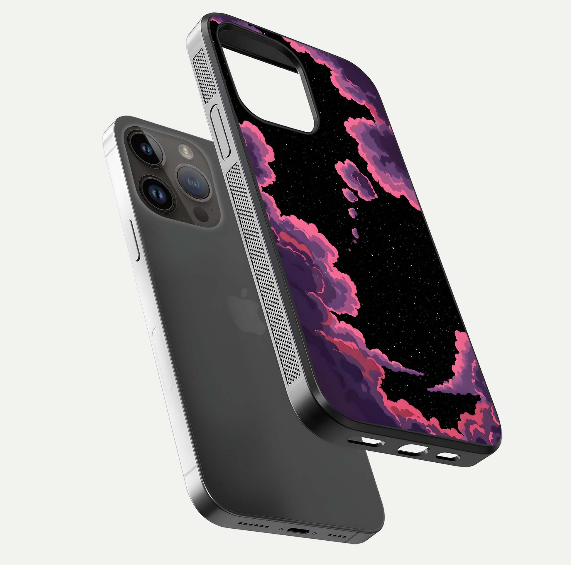 Cosmic Cloud Journey Glass Case for iPhone 14 Pro Max floating mockup showing HD gloss and cosmic gradient