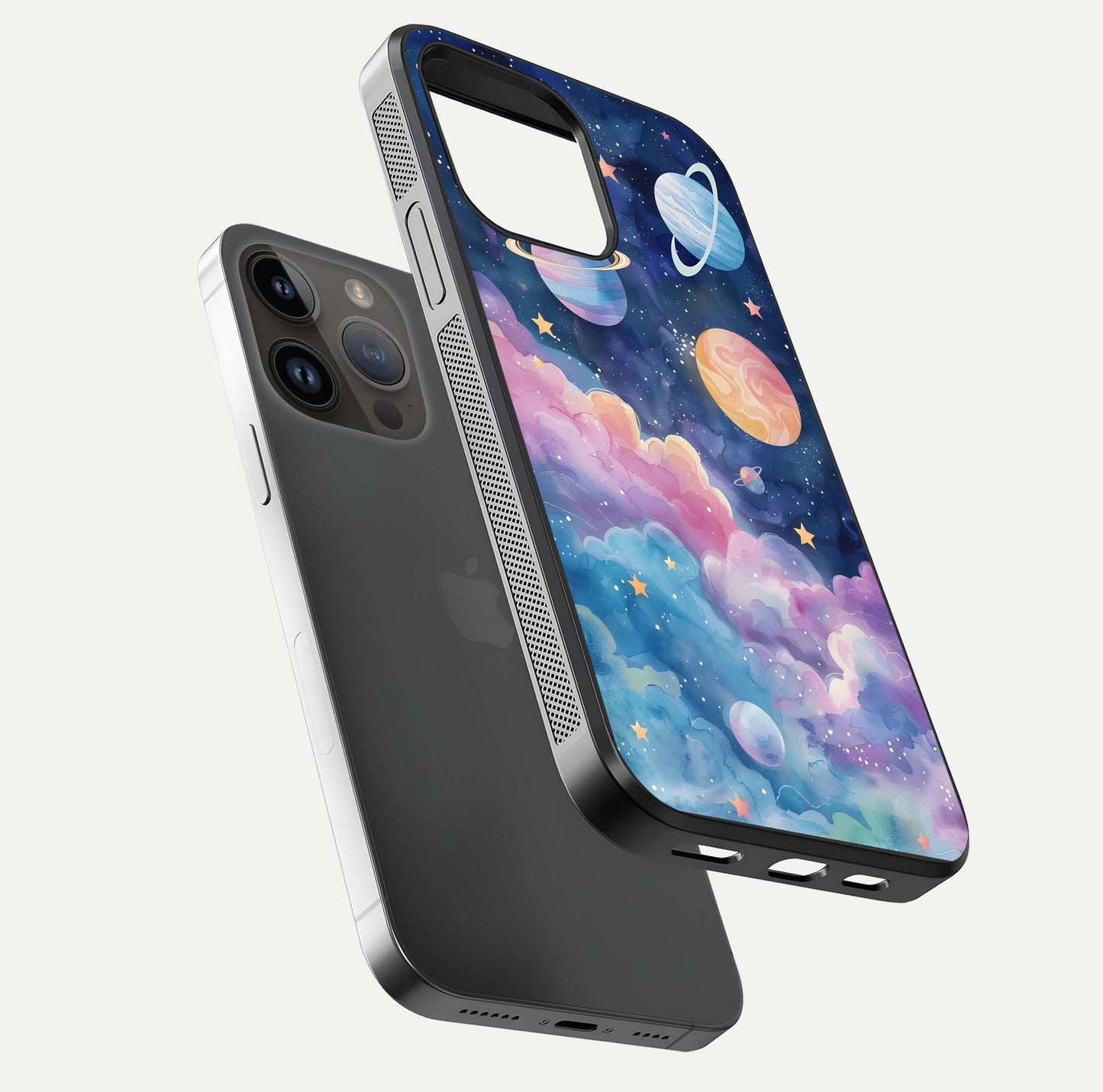 Cosmic Planet Dreams Glass Case for iPhone 14 Pro Max floating mockup showing HD gloss and cosmic reflection
