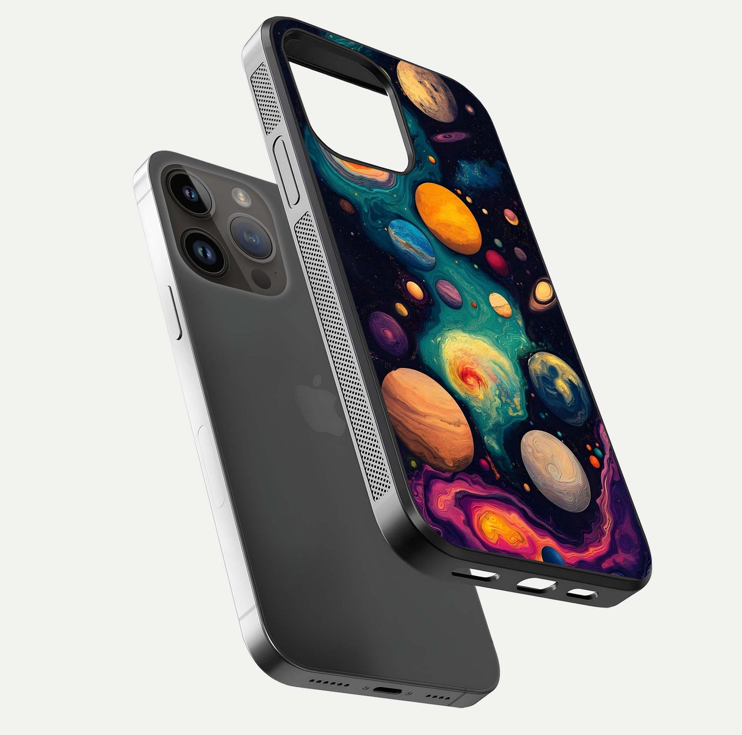 Cosmic Planet Journey Glass Case for iPhone 14 Pro Max floating mockup showing gloss gradient and deep shine
