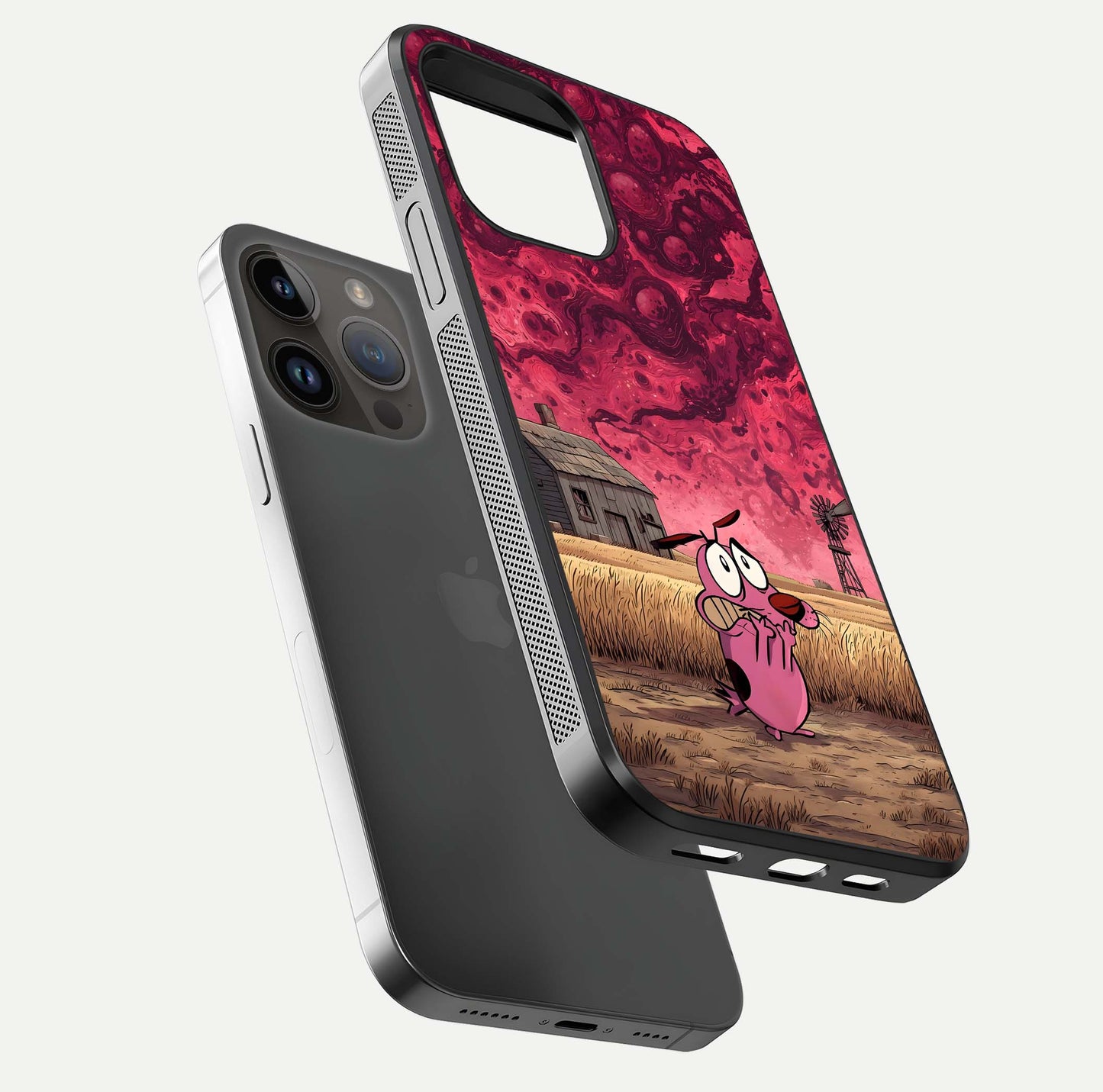 Courage Under Sky Glass Case for iPhone 14 Pro Max floating mockup showing shine reflection and clean edges