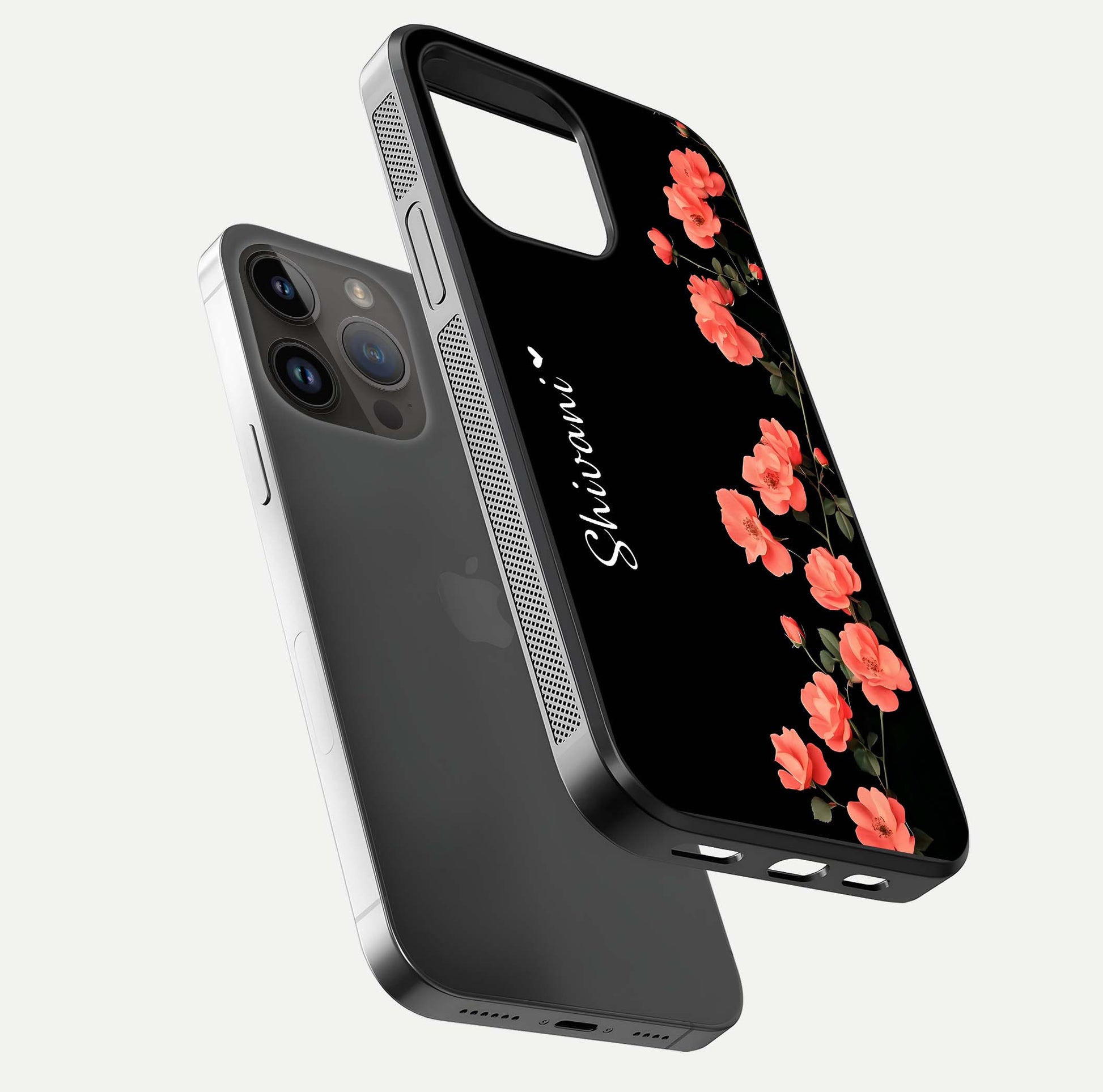 Crimson Bloom Grace Custom Name Glass Case for iPhone 14 Pro Max floating mockup showing HD gloss and floral tones